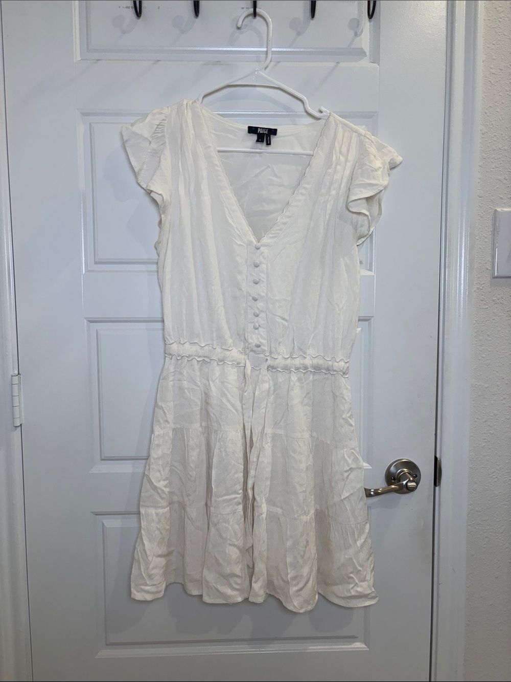 PAIGE White Textured Mini Dress Flutter Sleeve Button Front Size Small